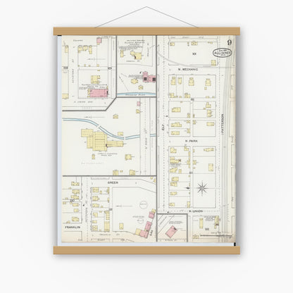 Old map wall art mockup — magnetic wood frame on white wall — Sanborn Fire Insurance Map from Alliance, Stark County, Ohio (1892), Sheet #0009