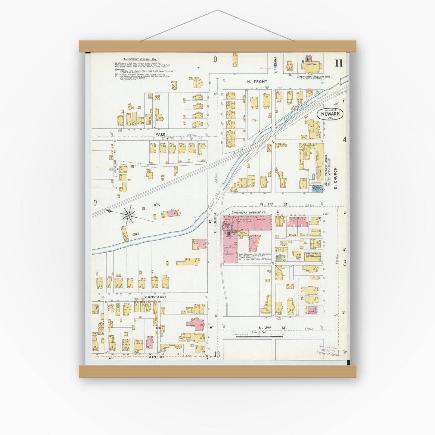 Old map wall art mockup — magnetic wood frame on white wall — Sanborn Fire Insurance Map from Newark, Licking County, Ohio (1899), Sheet #0011