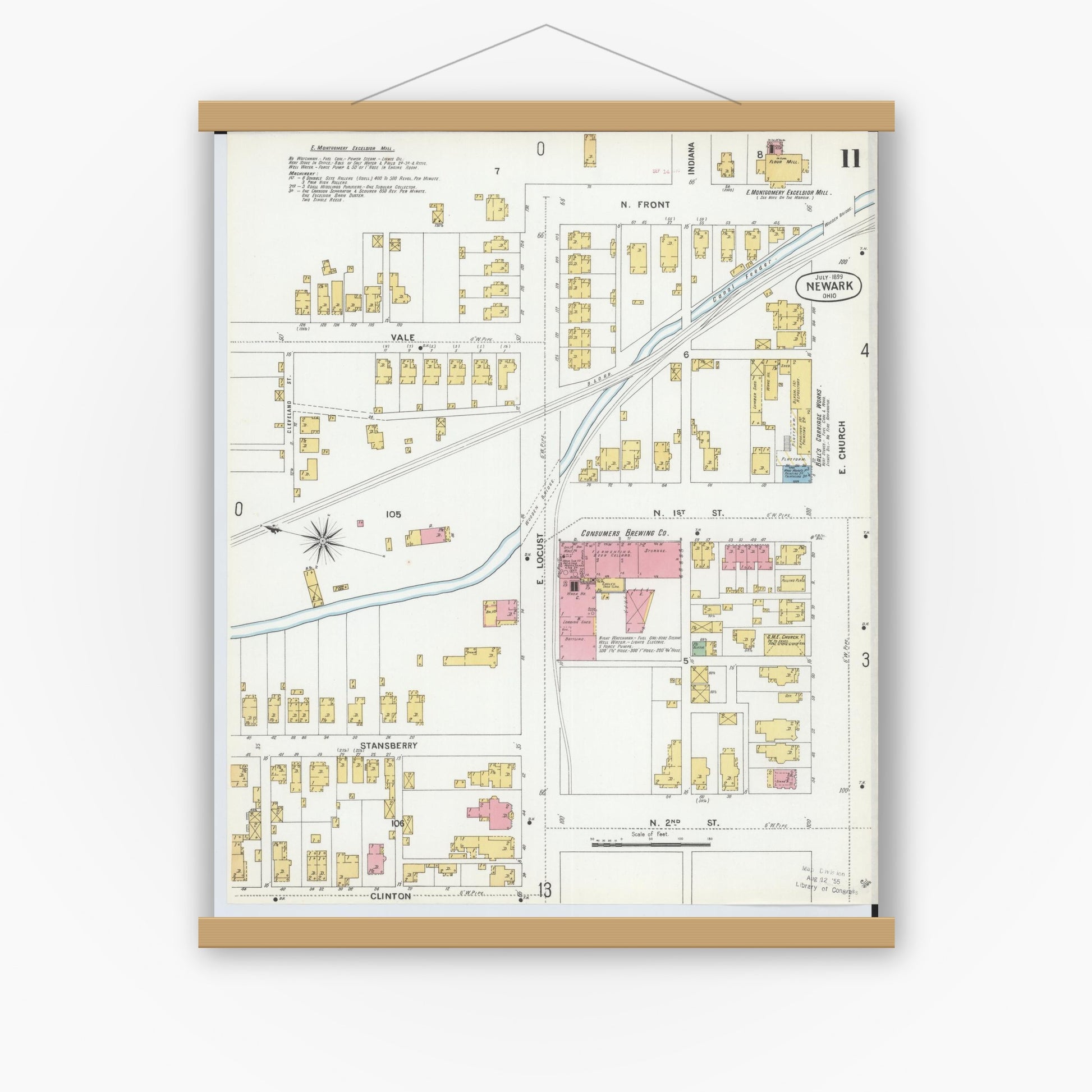 Old map wall art mockup — magnetic wood frame on white wall — Sanborn Fire Insurance Map from Newark, Licking County, Ohio (1899), Sheet #0011