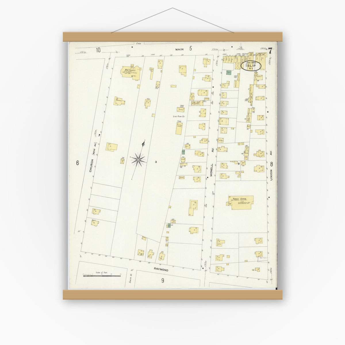 Old map wall art mockup — magnetic wood frame on white wall — Sanborn Fire Insurance Map from Islip, Suffolk County, New York (1909), Sheet #0007