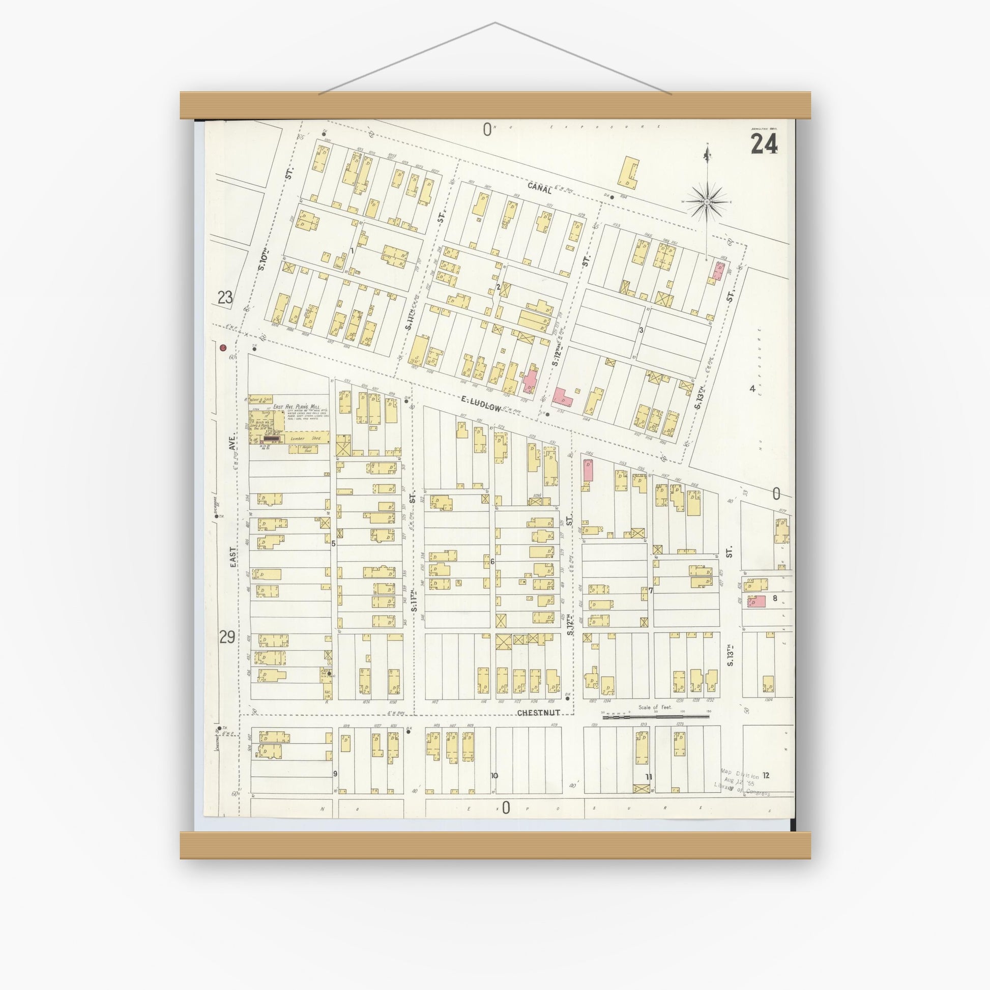Old map wall art mockup — magnetic wood frame on white wall — Sanborn Fire Insurance Map from Hamilton, Butler County, Ohio (1899), Sheet #0024