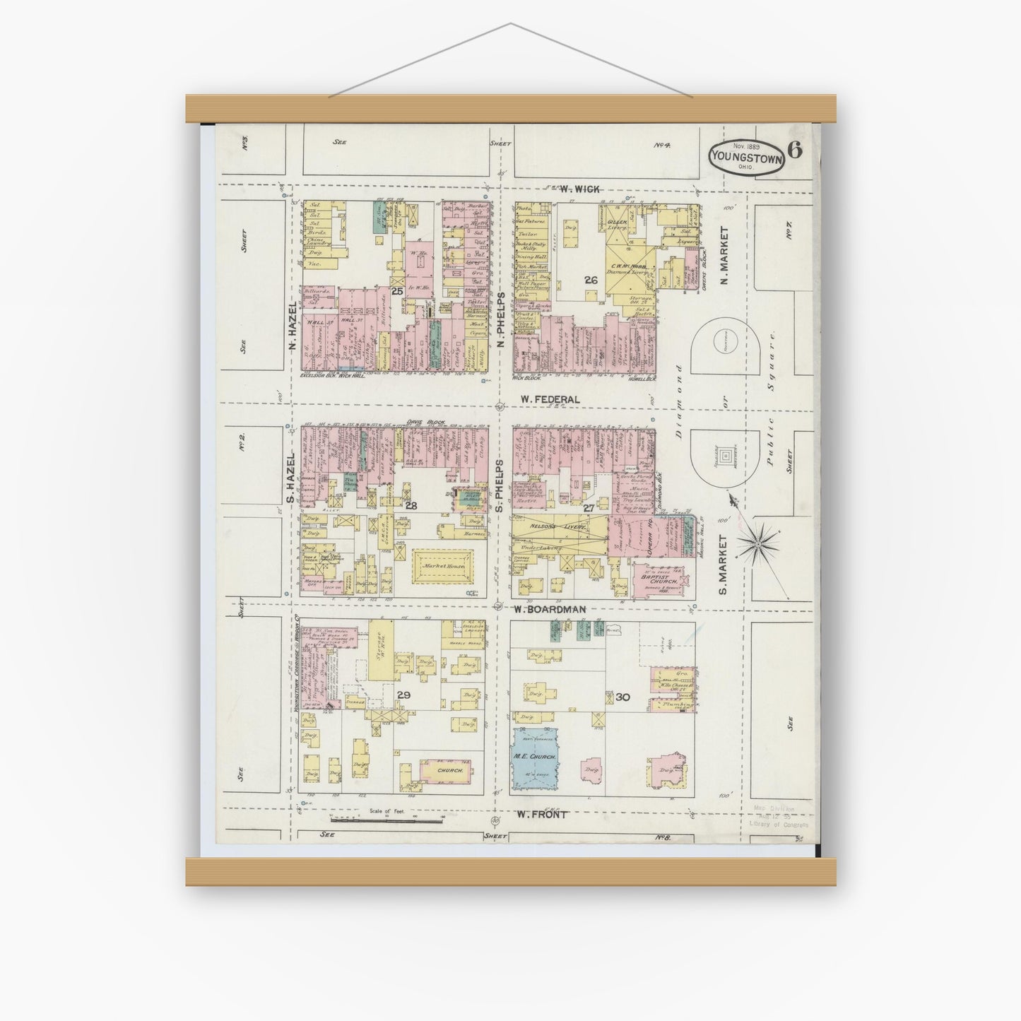 Old map wall art mockup — magnetic wood frame on white wall — Sanborn Fire Insurance Map from Youngstown, Mahoning County, Ohio (1889), Sheet #0006