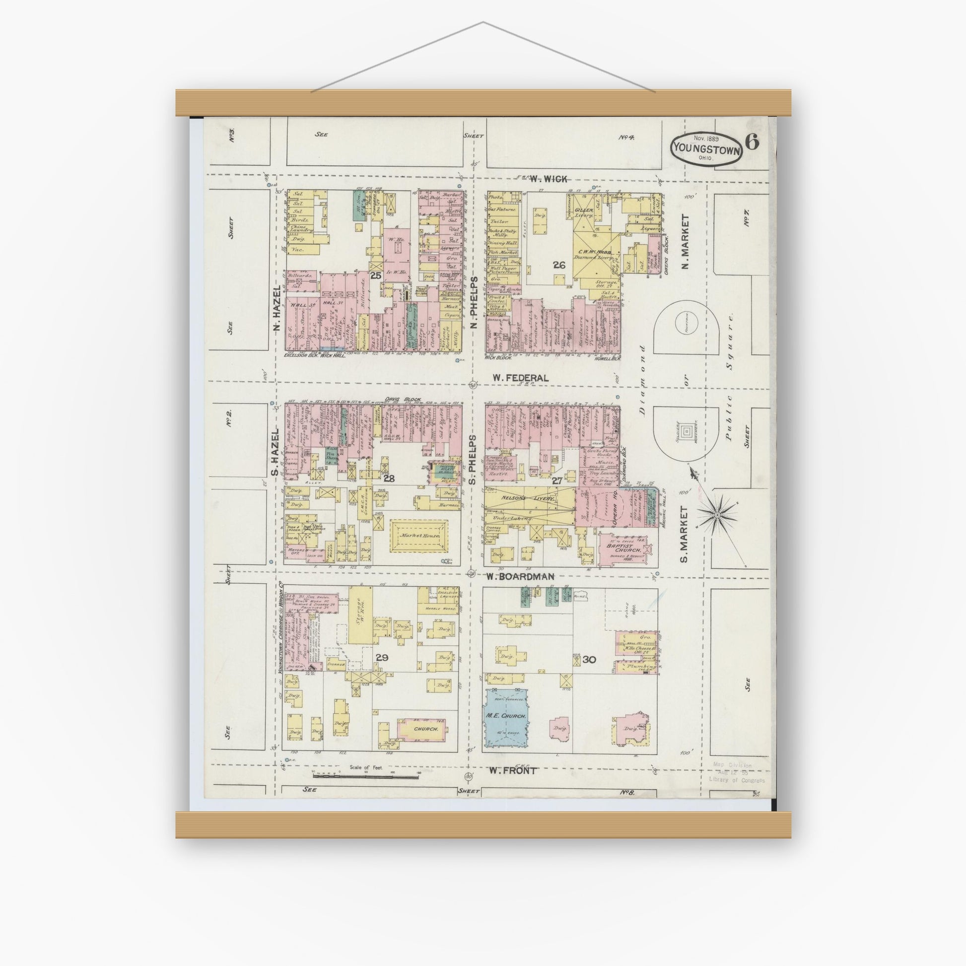 Old map wall art mockup — magnetic wood frame on white wall — Sanborn Fire Insurance Map from Youngstown, Mahoning County, Ohio (1889), Sheet #0006