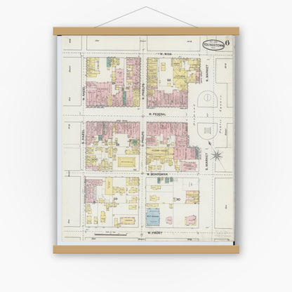 Old map wall art mockup — magnetic wood frame on white wall — Sanborn Fire Insurance Map from Youngstown, Mahoning County, Ohio (1889), Sheet #0006