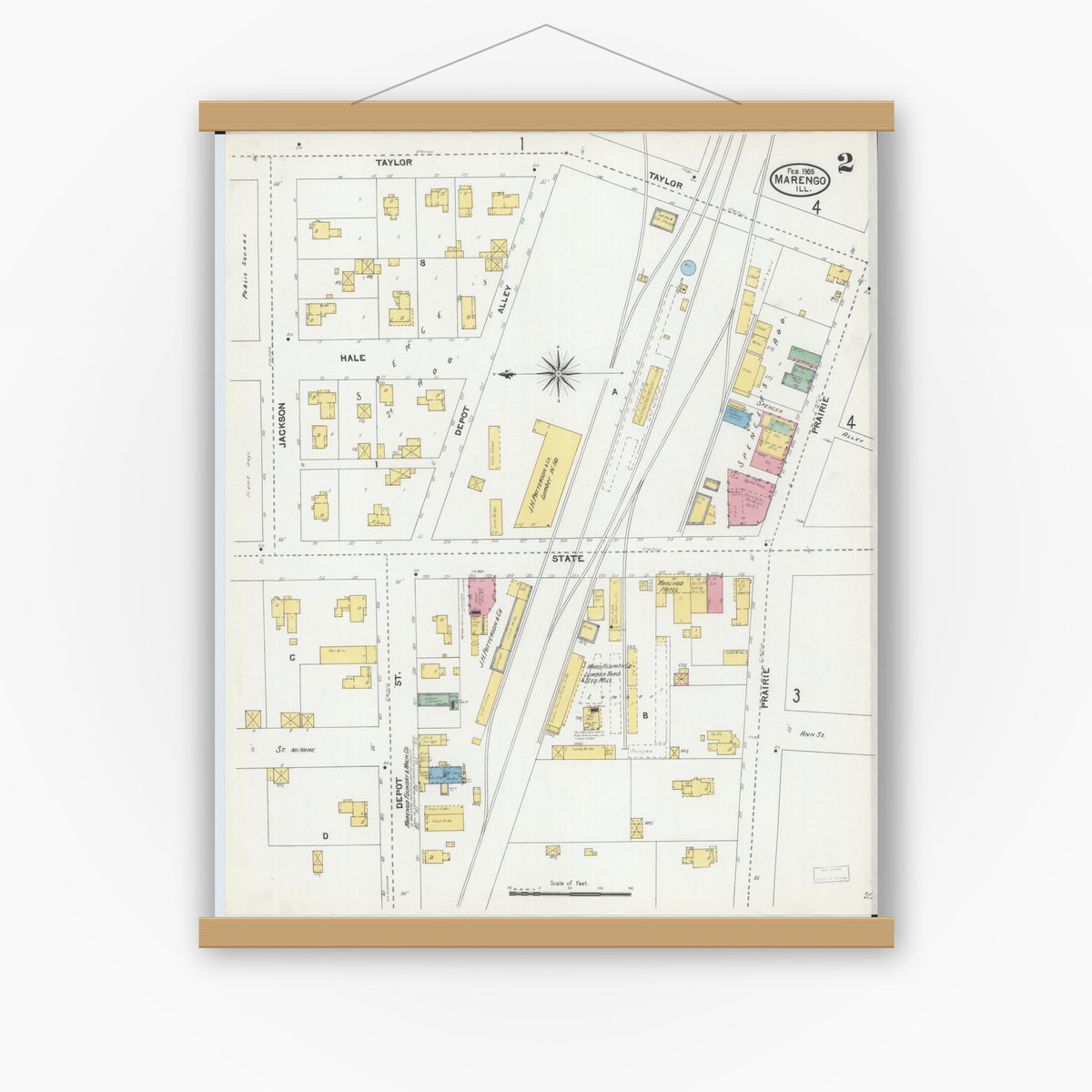 Old map wall art mockup — magnetic wood frame on white wall — Sanborn Fire Insurance Map from Marengo, McHenry County, Illinois (1905), Sheet #0002
