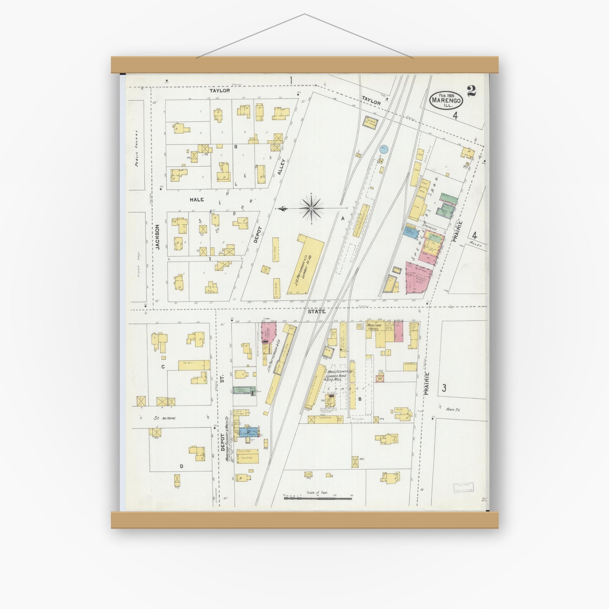 Old map wall art mockup — magnetic wood frame on white wall — Sanborn Fire Insurance Map from Marengo, McHenry County, Illinois (1905), Sheet #0002