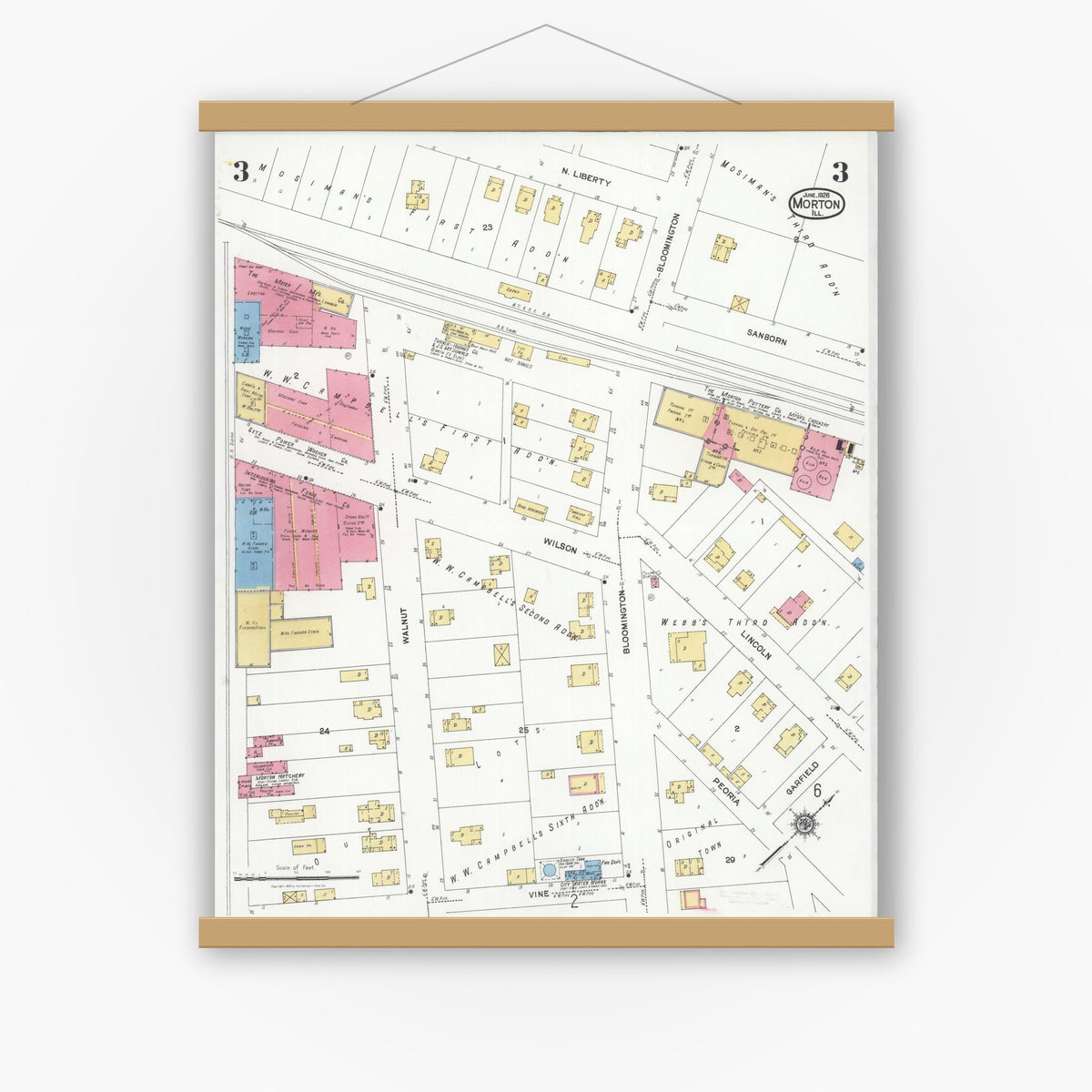 Old map wall art mockup — magnetic wood frame on white wall — Sanborn Fire Insurance Map from Morton, Tazewell County, Illinois (1926), Sheet #0003