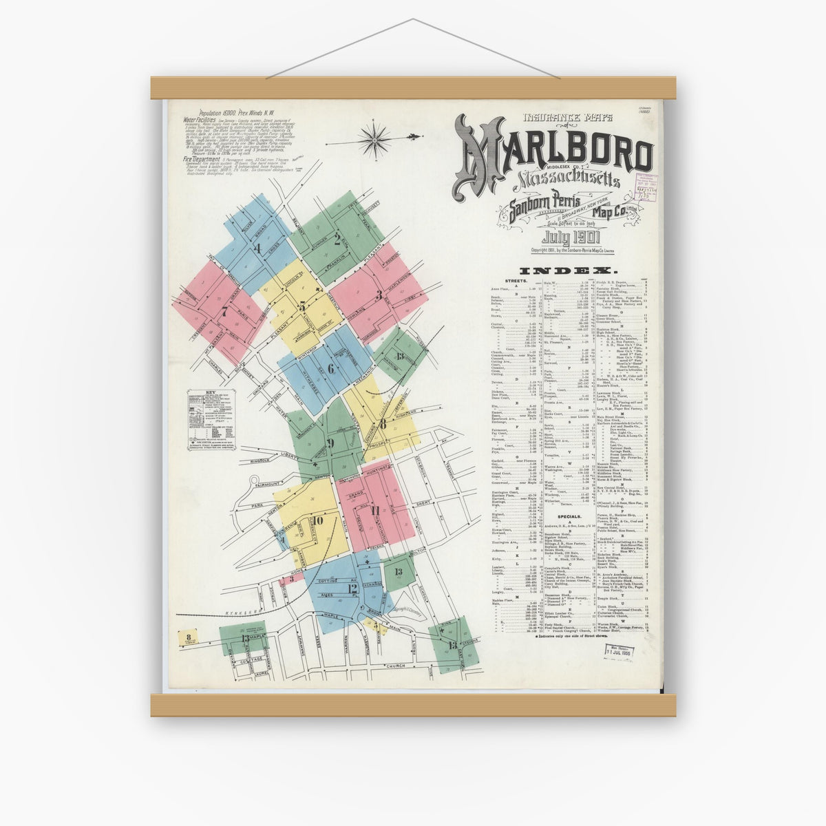 Old map wall art mockup — magnetic wood frame on white wall — Sanborn Fire Insurance Map from Marlborough, Middlesex County, Massachusetts (1901) - Complete Map Set