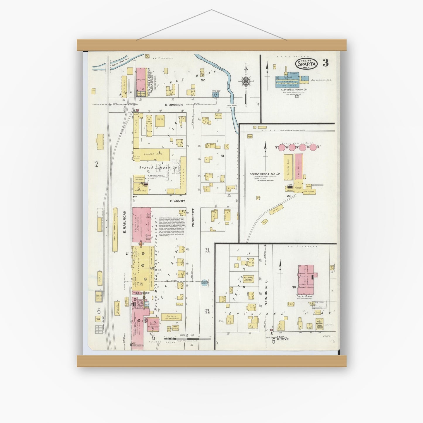 Old map wall art mockup — magnetic wood frame on white wall — Sanborn Fire Insurance Map from Sparta, Kent County, Michigan (1918), Sheet #0003