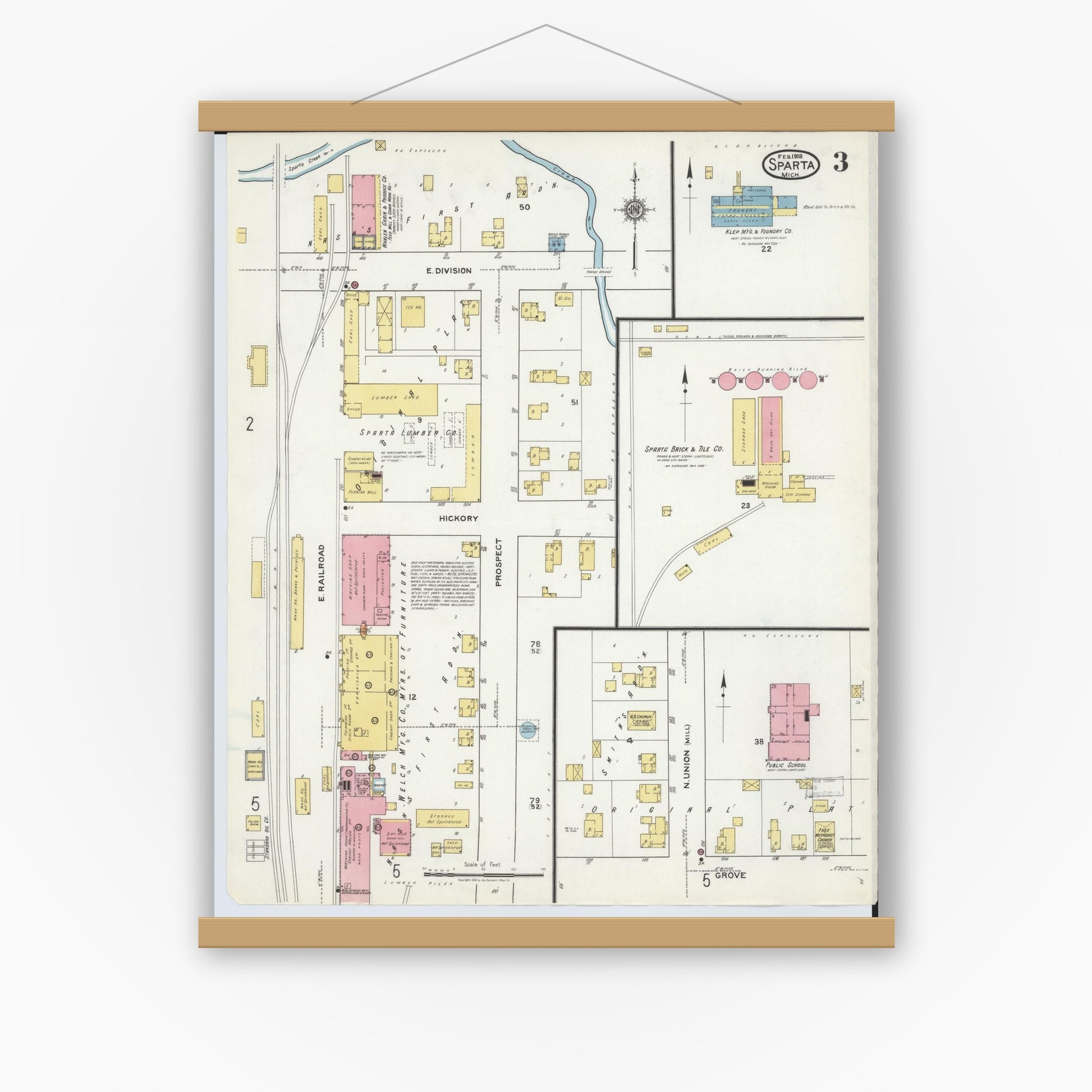 Old map wall art mockup — magnetic wood frame on white wall — Sanborn Fire Insurance Map from Sparta, Kent County, Michigan (1918), Sheet #0003