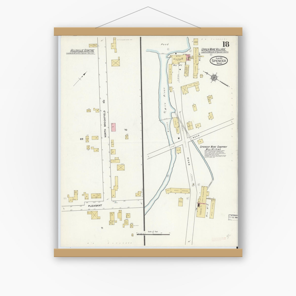 Old map wall art mockup — magnetic wood frame on white wall — Sanborn Fire Insurance Map from Spencer, Worcester County, Massachusetts (1912), Sheet #0018