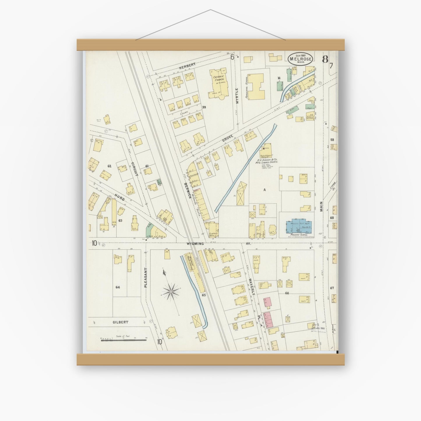 Old map wall art mockup — magnetic wood frame on white wall — Sanborn Fire Insurance Map from Melrose, Middlesex County, Massachusetts (1897), Sheet #0008