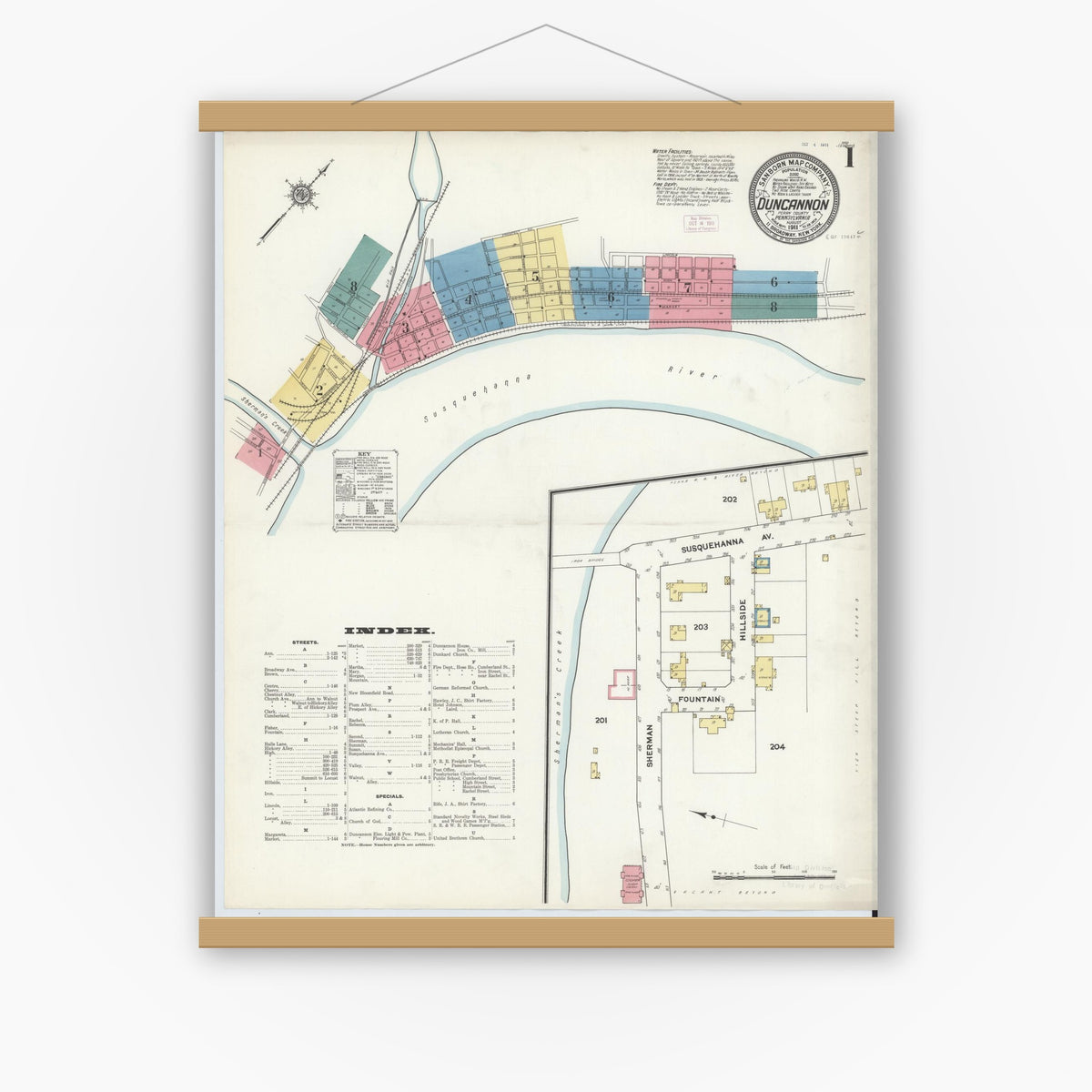 Old map wall art mockup — magnetic wood frame on white wall — Sanborn Fire Insurance Map from Duncannon, Perry County, Pennsylvania (1911), Sheet #0001