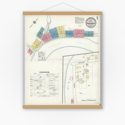 Old map wall art mockup — magnetic wood frame on white wall — Sanborn Fire Insurance Map from Duncannon, Perry County, Pennsylvania (1911), Sheet #0001