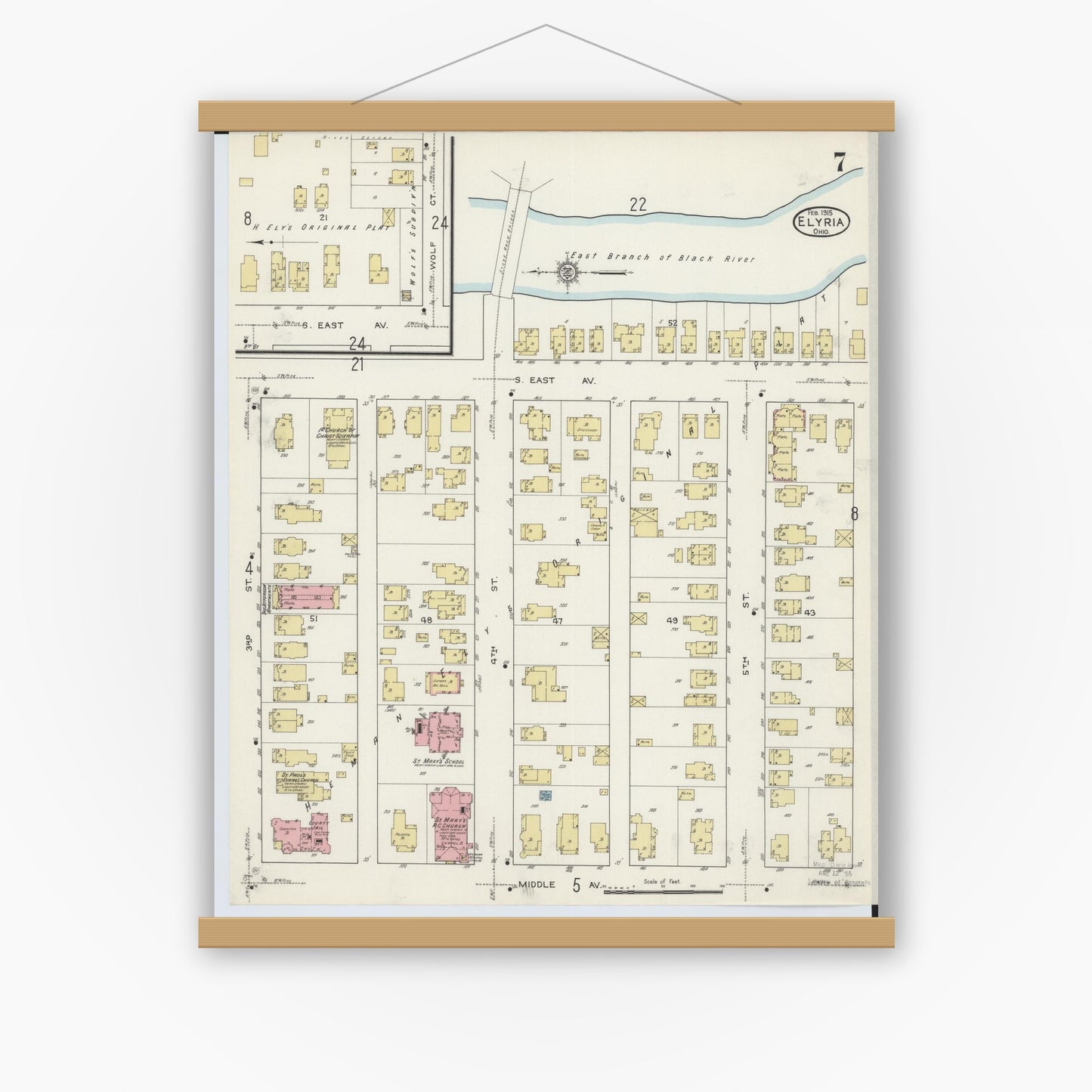 Old map wall art mockup — magnetic wood frame on white wall — Sanborn Fire Insurance Map from Elyria, Lorain County, Ohio (1915), Sheet #0007