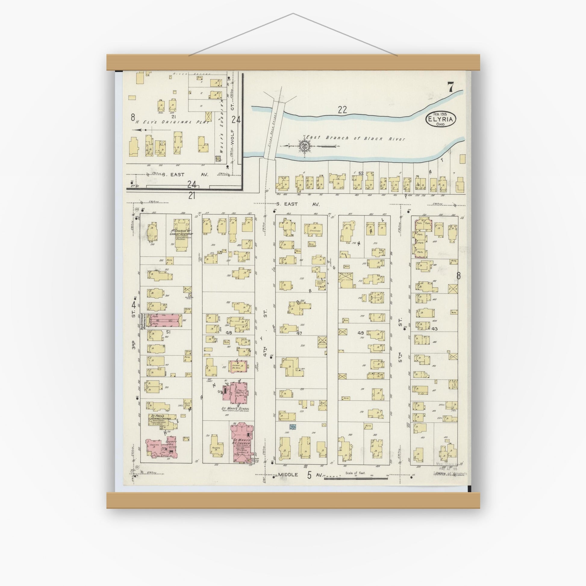 Old map wall art mockup — magnetic wood frame on white wall — Sanborn Fire Insurance Map from Elyria, Lorain County, Ohio (1915), Sheet #0007