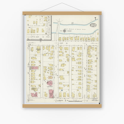 Old map wall art mockup — magnetic wood frame on white wall — Sanborn Fire Insurance Map from Elyria, Lorain County, Ohio (1915), Sheet #0007