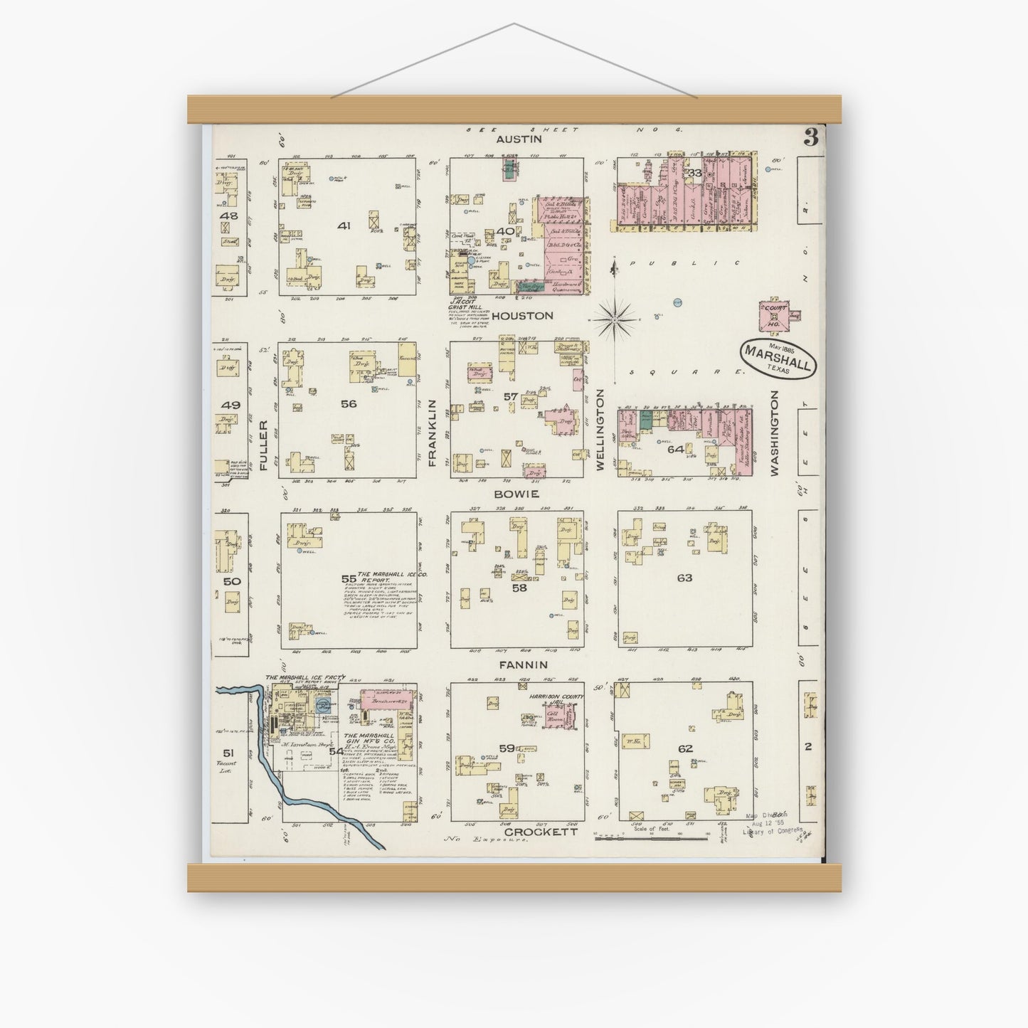 Old map wall art mockup — magnetic wood frame on white wall — Sanborn Fire Insurance Map from Marshall, Harrison County, Texas (1885), Sheet #0003