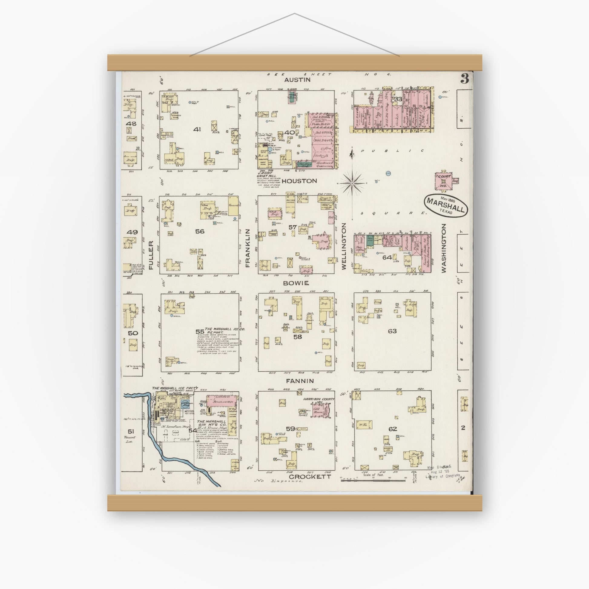 Old map wall art mockup — magnetic wood frame on white wall — Sanborn Fire Insurance Map from Marshall, Harrison County, Texas (1885), Sheet #0003