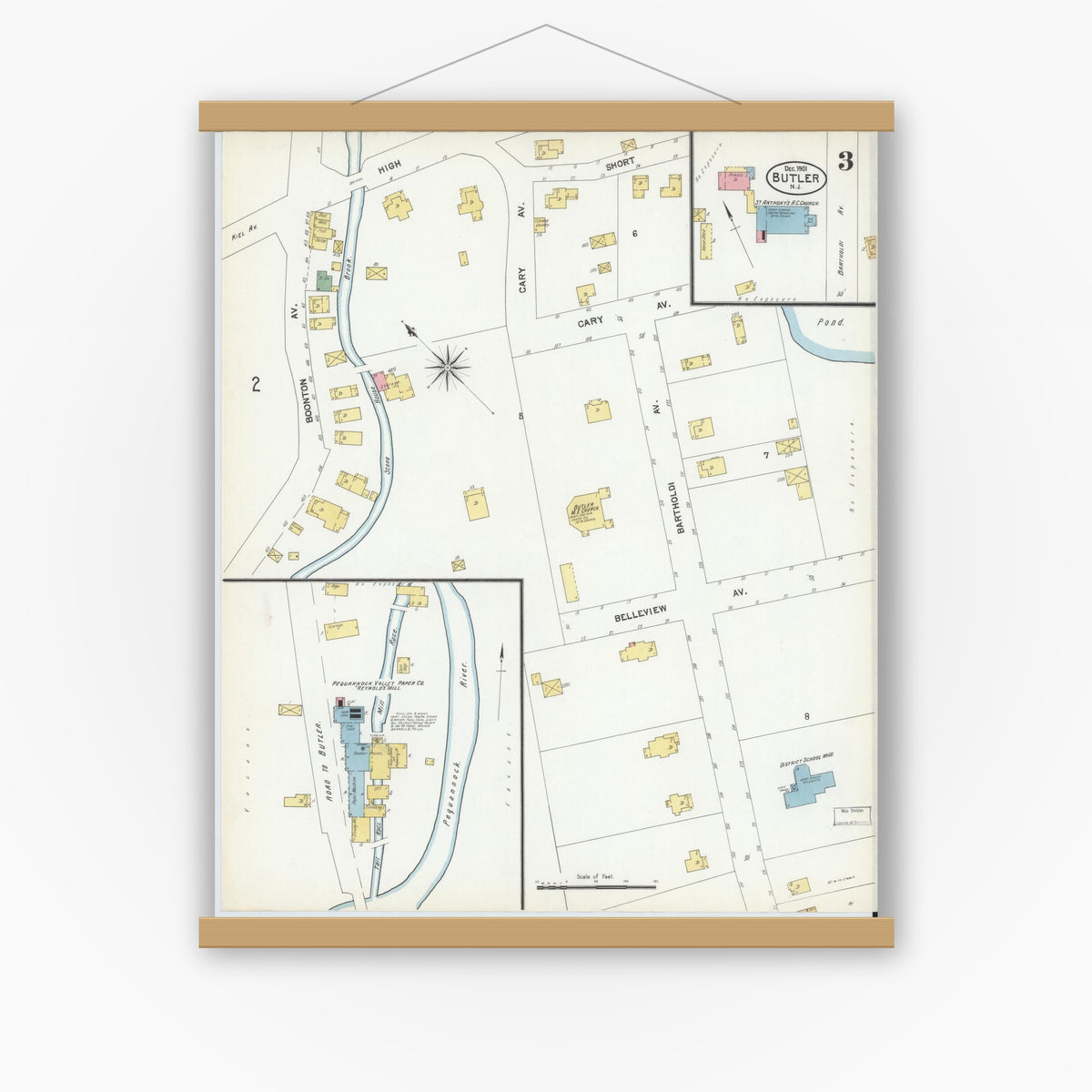 Old map wall art mockup — magnetic wood frame on white wall — Sanborn Fire Insurance Map from Butler, Morris County, New Jersey (1901), Sheet #0003