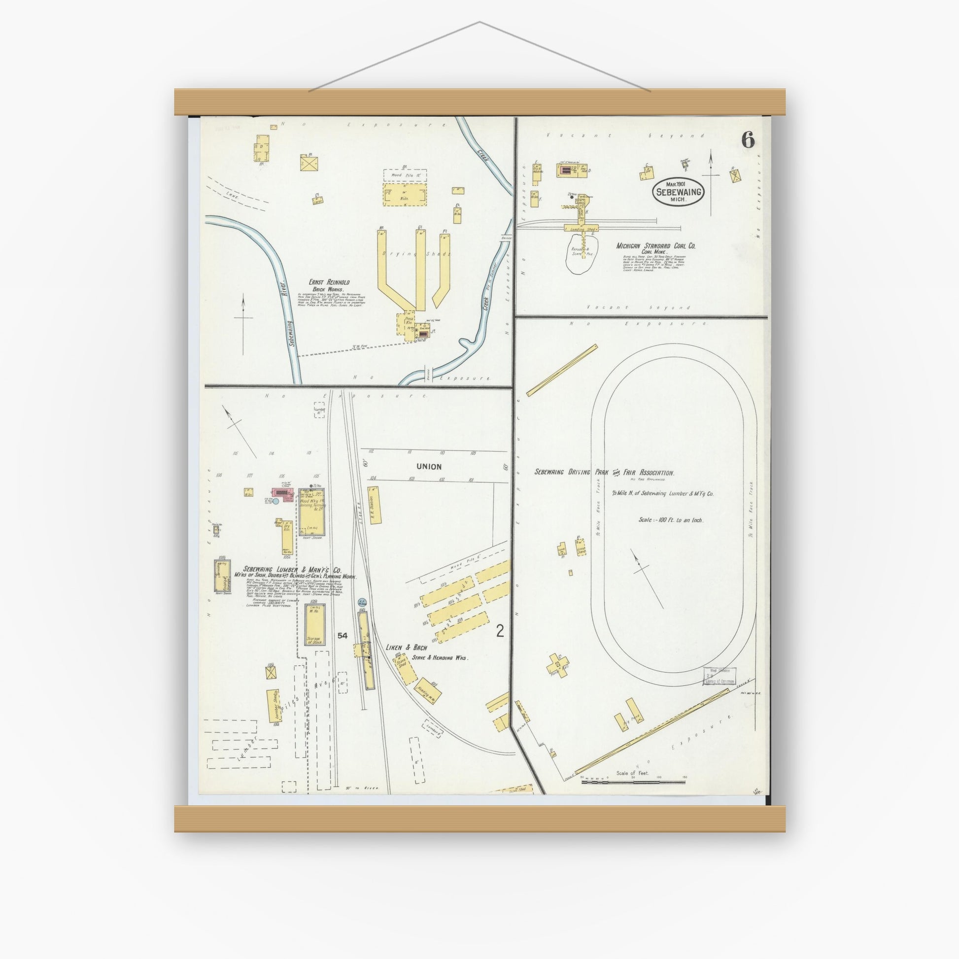 Old map wall art mockup — magnetic wood frame on white wall — Sanborn Fire Insurance Map from Sebewaing, Huron County, Michigan (1901), Sheet #0006