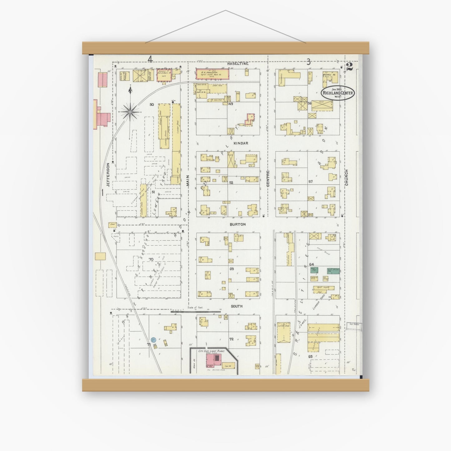 Old map wall art mockup — magnetic wood frame on white wall — Sanborn Fire Insurance Map from Richland Center, Richland County, Wisconsin (1905), Sheet #0002