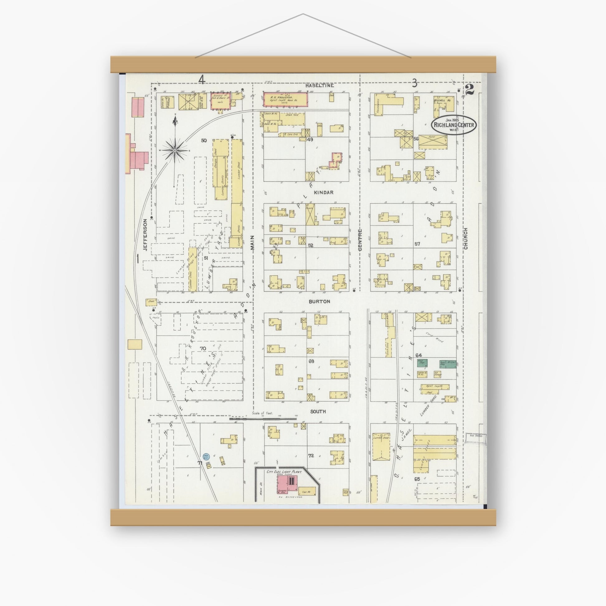 Old map wall art mockup — magnetic wood frame on white wall — Sanborn Fire Insurance Map from Richland Center, Richland County, Wisconsin (1905), Sheet #0002