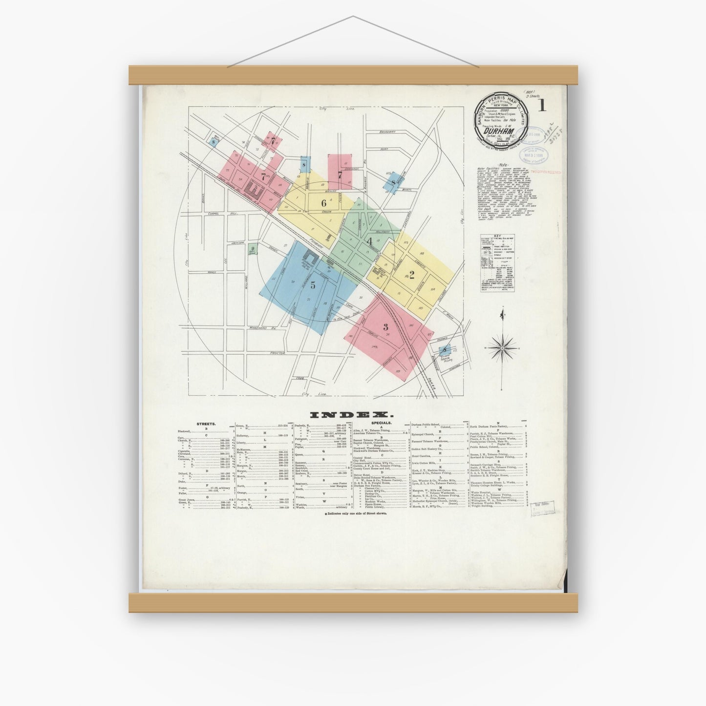 Old map wall art mockup — magnetic wood frame on white wall — Sanborn Fire Insurance Map from Durham, Durham County, North Carolina (1898), Sheet #0001