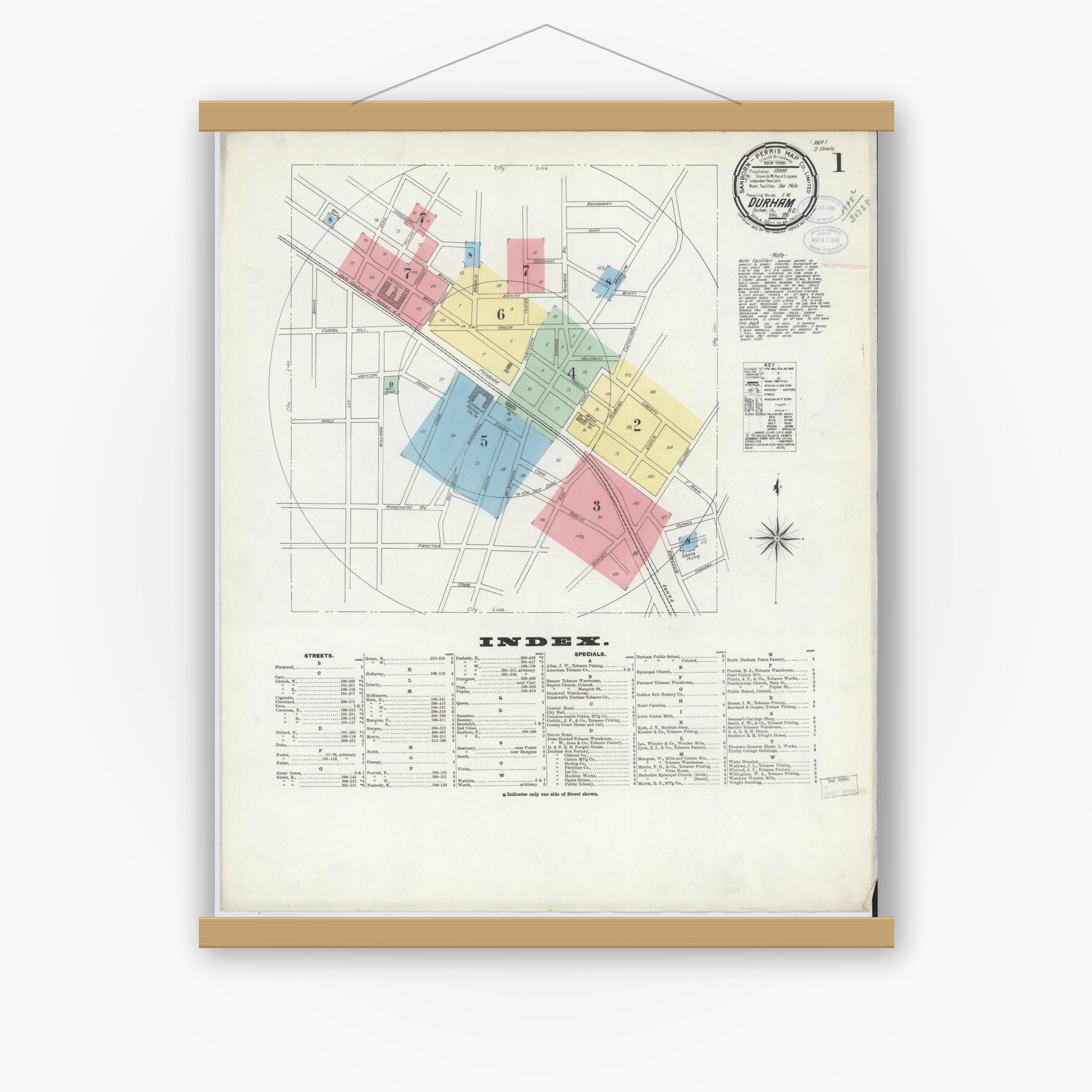 Old map wall art mockup — magnetic wood frame on white wall — Sanborn Fire Insurance Map from Durham, Durham County, North Carolina (1898), Sheet #0001