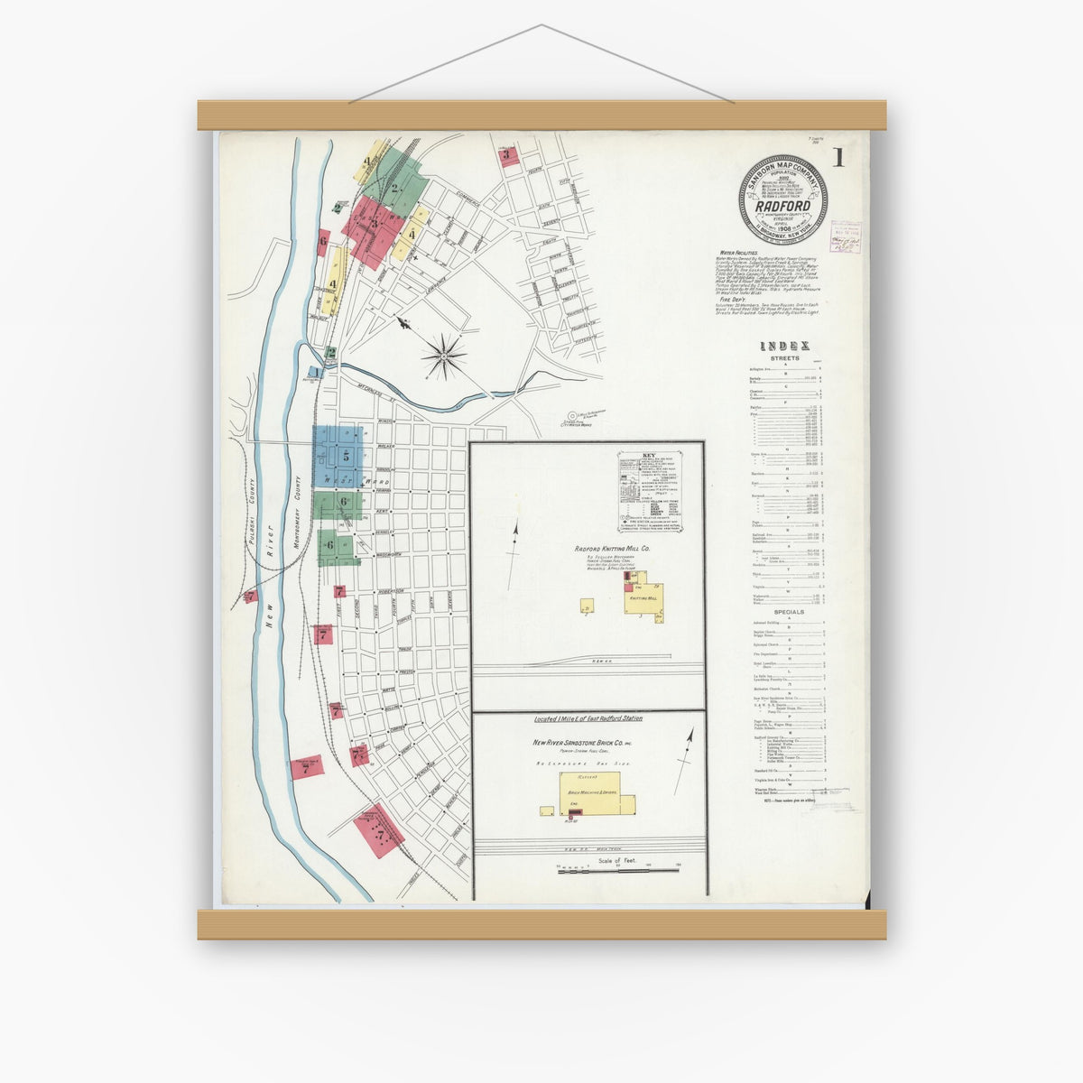 Old map wall art mockup — magnetic wood frame on white wall — Sanborn Fire Insurance Map from Radford, Independent Cities, Virginia (1908) - Complete Map Set