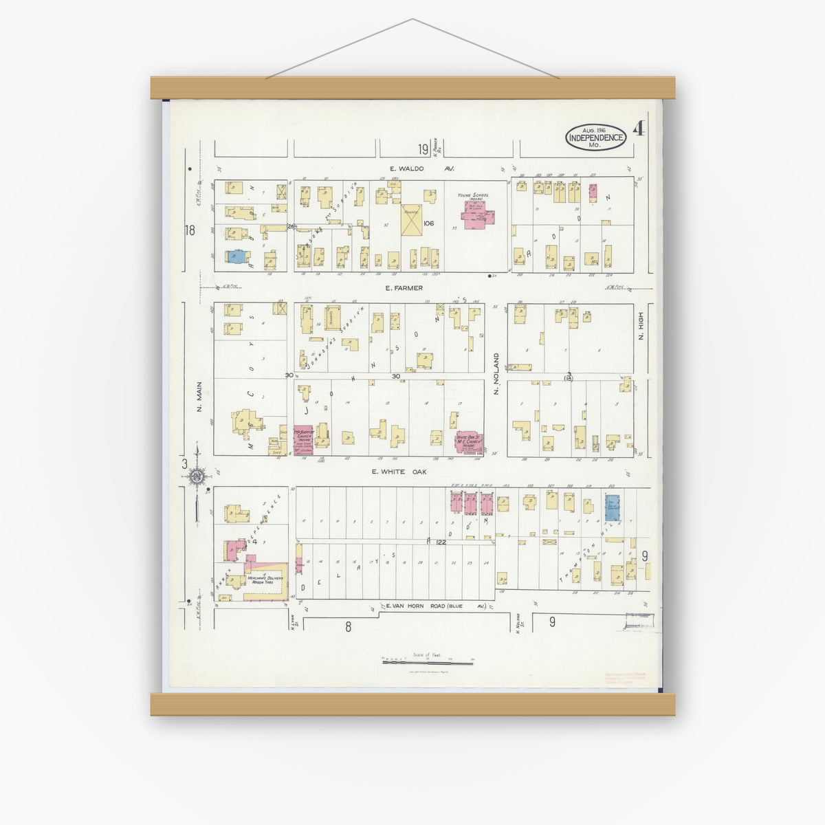 Old map wall art mockup — magnetic wood frame on white wall — Sanborn Fire Insurance Map from Independence, Jackson County, Missouri (1916), Sheet #0004