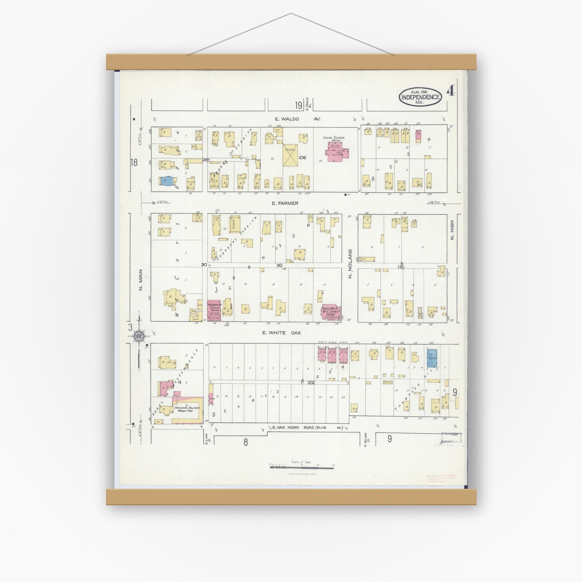 Old map wall art mockup — magnetic wood frame on white wall — Sanborn Fire Insurance Map from Independence, Jackson County, Missouri (1916), Sheet #0004