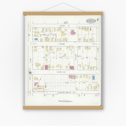Old map wall art mockup — magnetic wood frame on white wall — Sanborn Fire Insurance Map from Independence, Jackson County, Missouri (1916), Sheet #0004