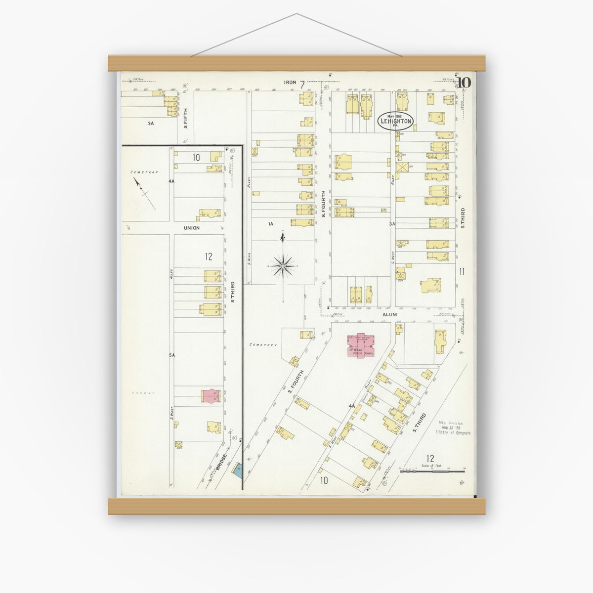 Old map wall art mockup — magnetic wood frame on white wall — Sanborn Fire Insurance Map from Lehighton, Carbon County, Pennsylvania (1908), Sheet #0010