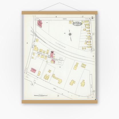 Old map wall art mockup — magnetic wood frame on white wall — Sanborn Fire Insurance Map from Southbridge, Worcester County, Massachusetts (1918), Sheet #0005