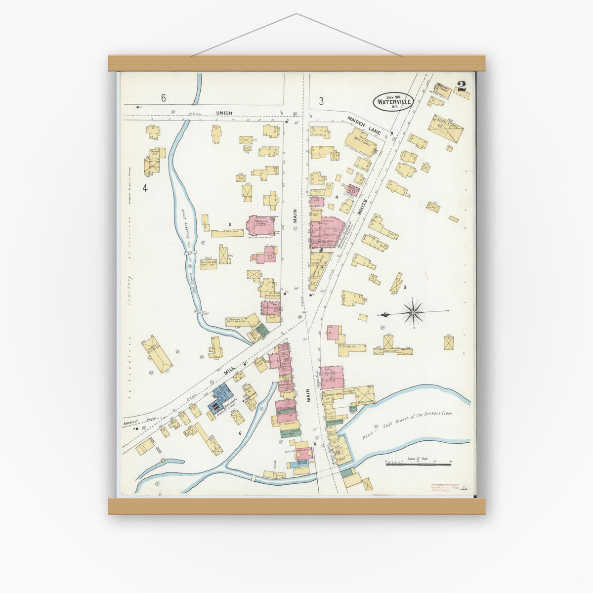 Old map wall art mockup — magnetic wood frame on white wall — Sanborn Fire Insurance Map from Waterville, Oneida County, New York (1906), Sheet #0002