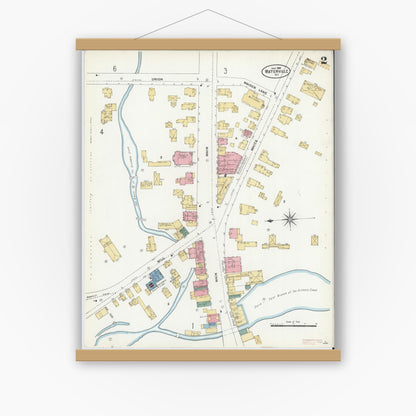 Old map wall art mockup — magnetic wood frame on white wall — Sanborn Fire Insurance Map from Waterville, Oneida County, New York (1906), Sheet #0002