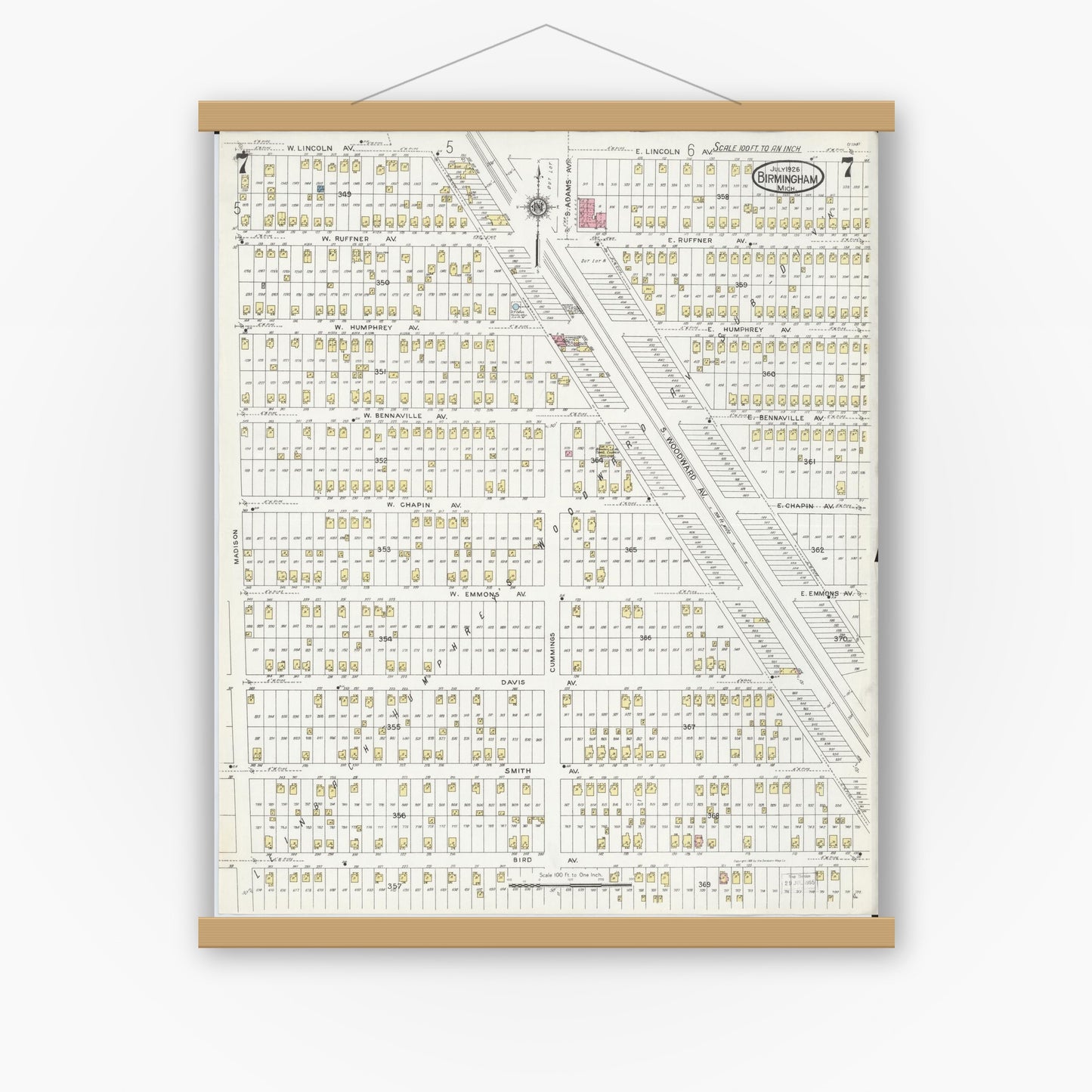 Old map wall art mockup — magnetic wood frame on white wall — Sanborn Fire Insurance Map from Birmingham, Oakland County, Michigan (1926), Sheet #0007