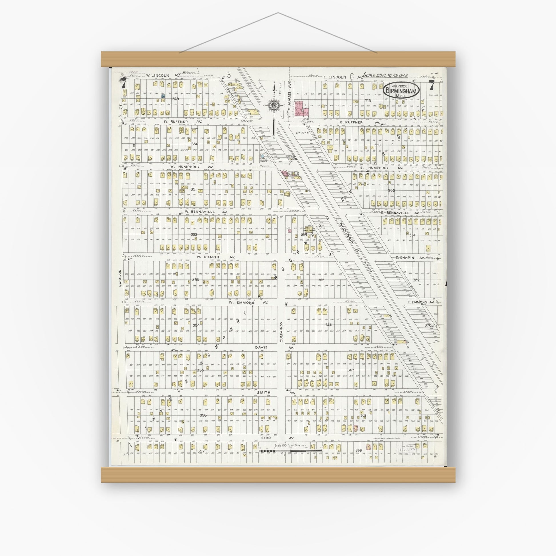 Old map wall art mockup — magnetic wood frame on white wall — Sanborn Fire Insurance Map from Birmingham, Oakland County, Michigan (1926), Sheet #0007