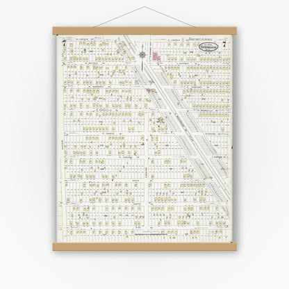 Old map wall art mockup — magnetic wood frame on white wall — Sanborn Fire Insurance Map from Birmingham, Oakland County, Michigan (1926), Sheet #0007