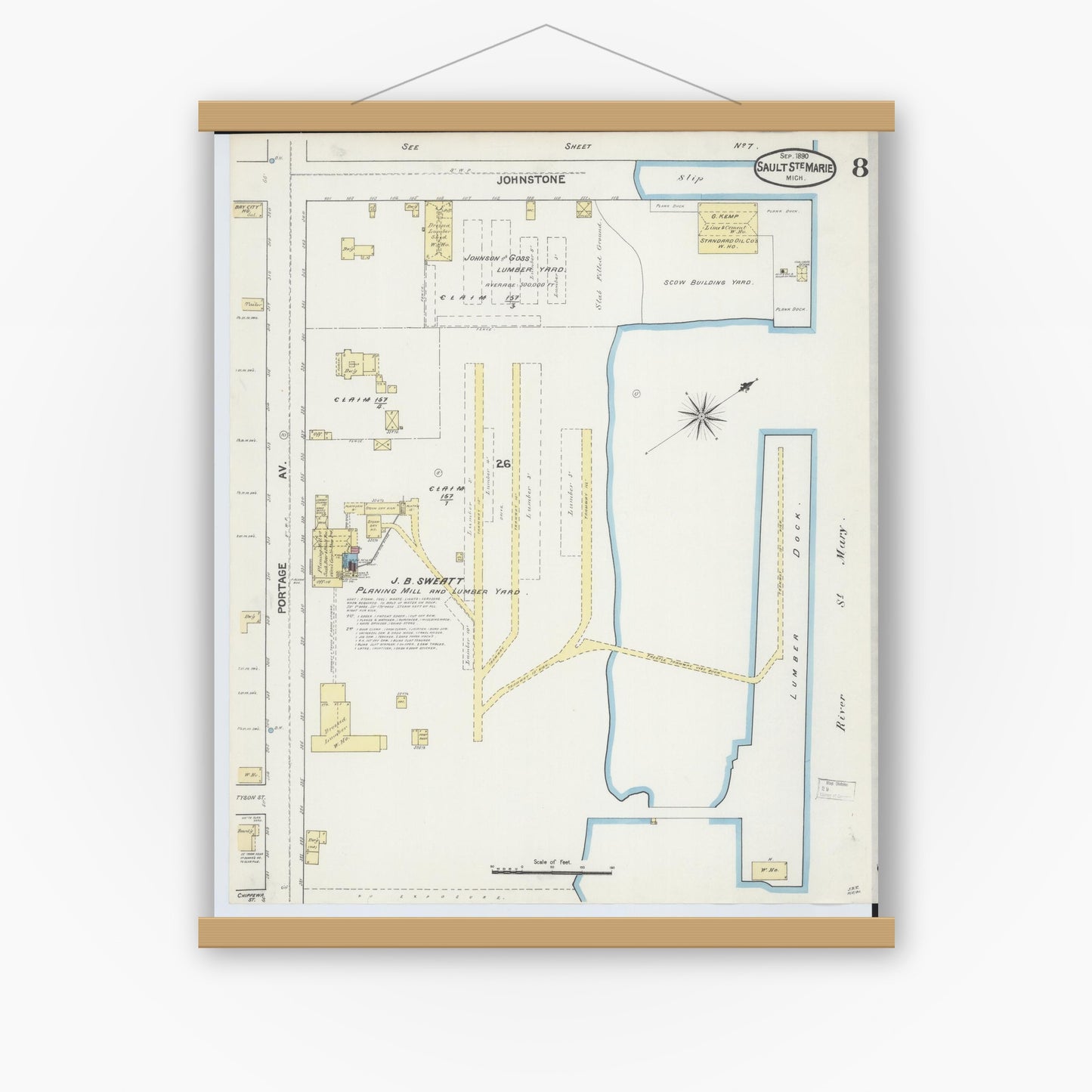 Old map wall art mockup — magnetic wood frame on white wall — Sanborn Fire Insurance Map from Sault Sainte Marie, Chippewa County, Michigan (1890), Sheet #0008