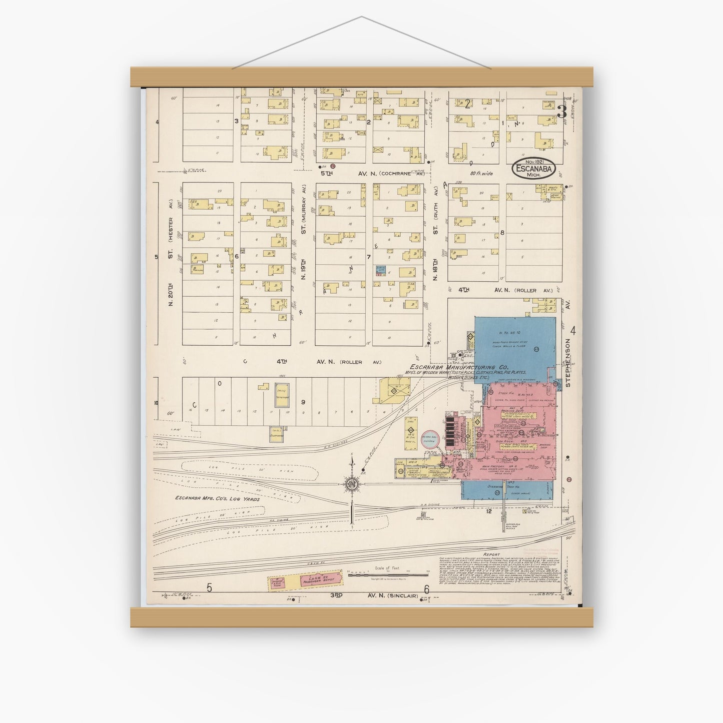 Old map wall art mockup — magnetic wood frame on white wall — Sanborn Fire Insurance Map from Escanaba, Delta County, Michigan (1921), Sheet #0003