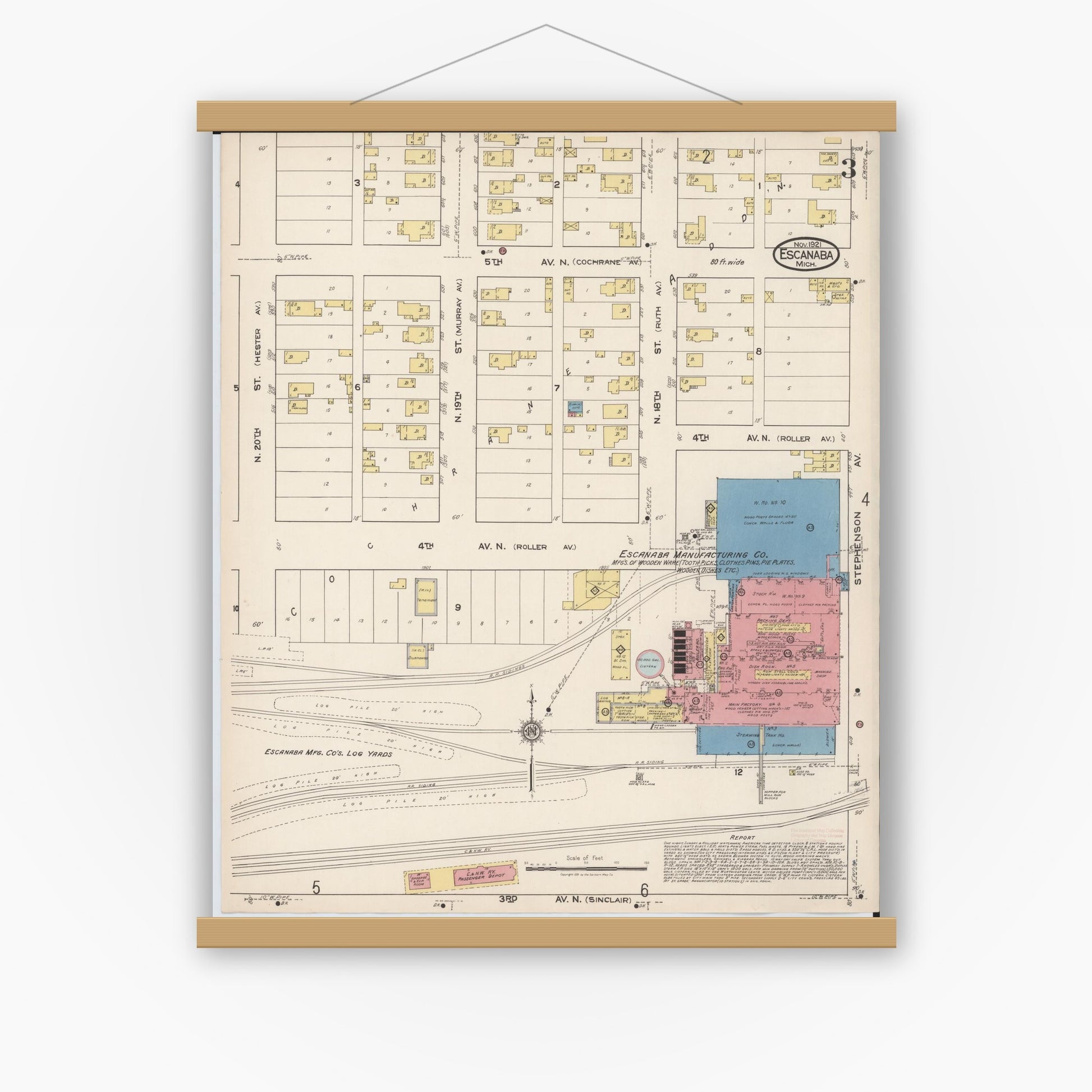 Old map wall art mockup — magnetic wood frame on white wall — Sanborn Fire Insurance Map from Escanaba, Delta County, Michigan (1921), Sheet #0003