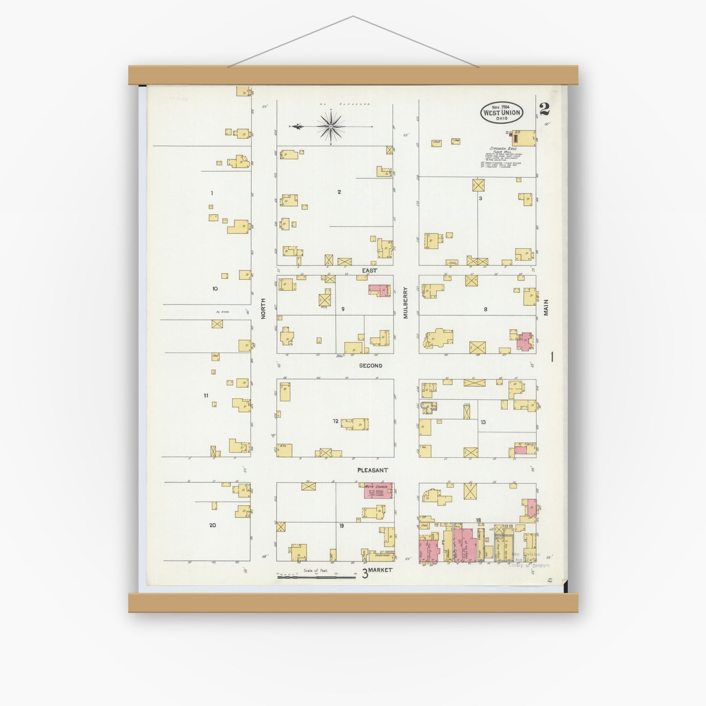 Old map wall art mockup — magnetic wood frame on white wall — Sanborn Fire Insurance Map from West Union, Adams County, Ohio (1904), Sheet #0002