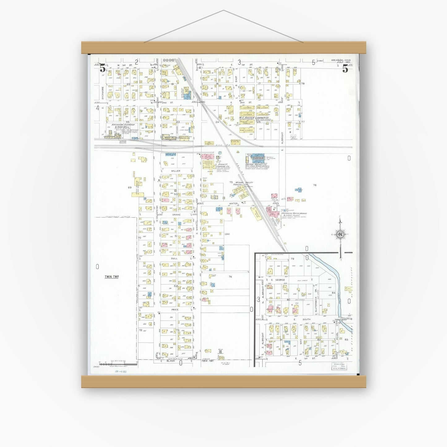 Old map wall art mockup — magnetic wood frame on white wall — Sanborn Fire Insurance Map from Arcanum, Darke County, Ohio (1951), Sheet #0005