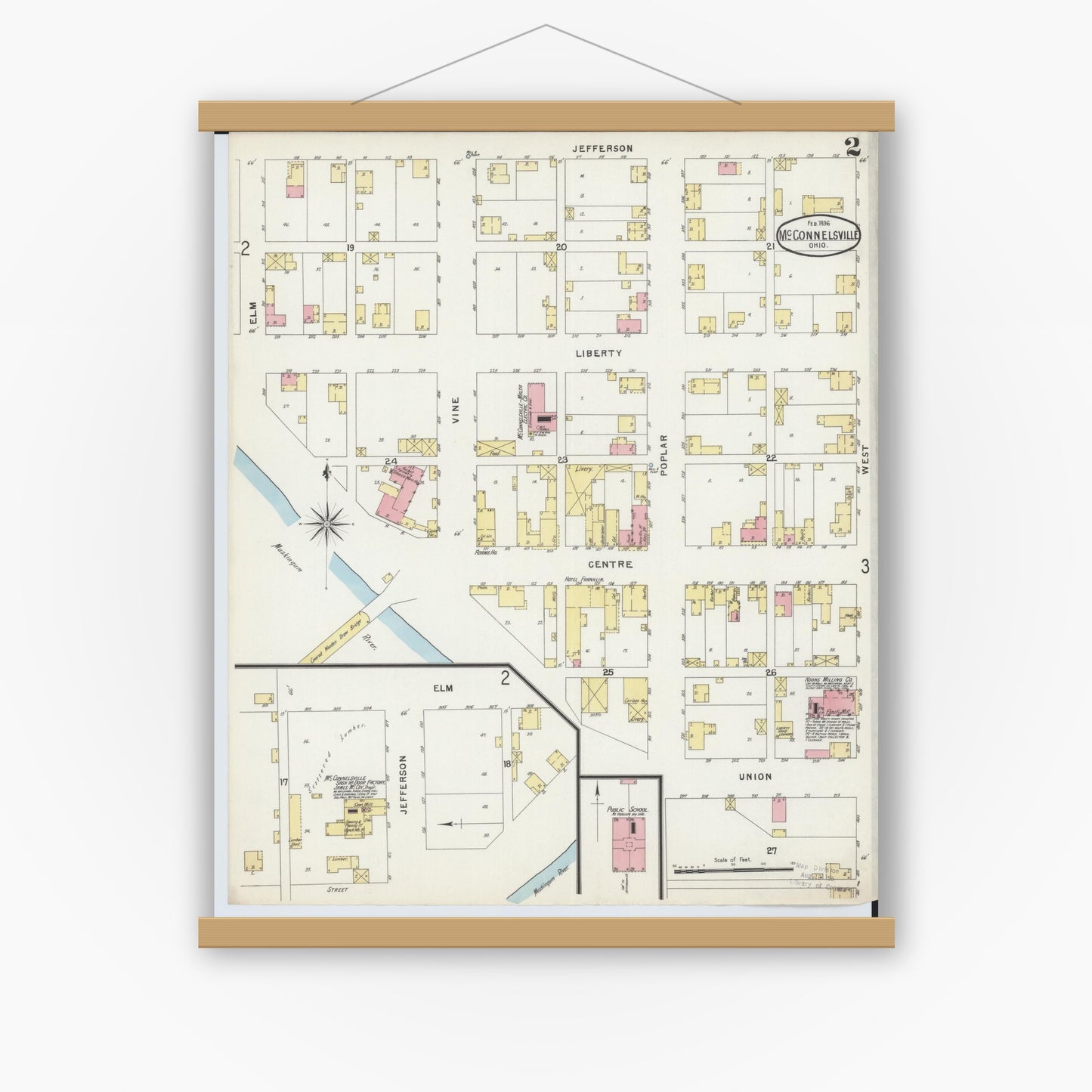 Old map wall art mockup — magnetic wood frame on white wall — Sanborn Fire Insurance Map from McConnelsville, Morgan County, Ohio (1896), Sheet #0002