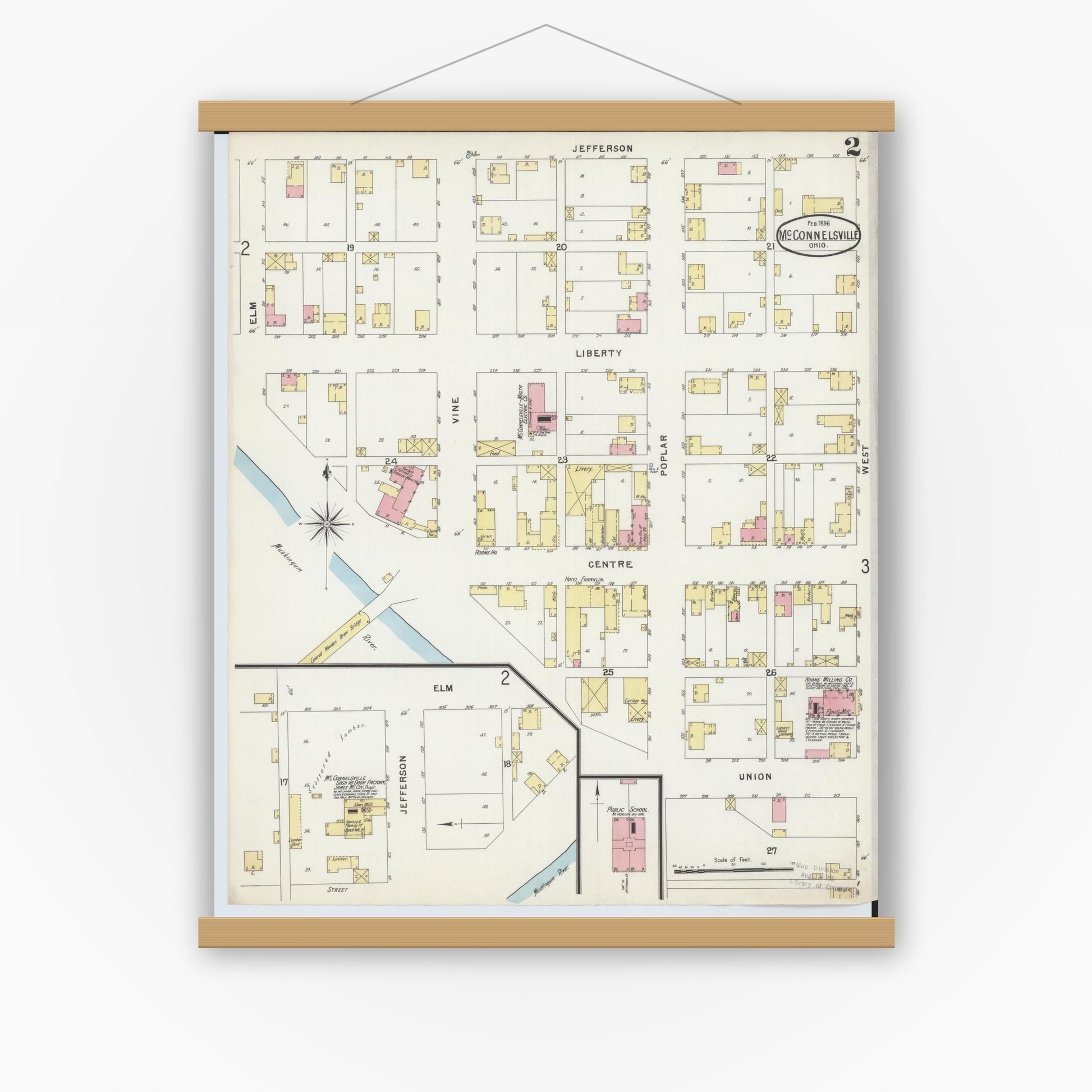 Old map wall art mockup — magnetic wood frame on white wall — Sanborn Fire Insurance Map from McConnelsville, Morgan County, Ohio (1896), Sheet #0002