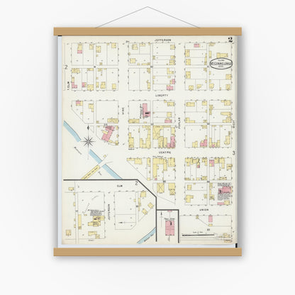 Old map wall art mockup — magnetic wood frame on white wall — Sanborn Fire Insurance Map from McConnelsville, Morgan County, Ohio (1896), Sheet #0002