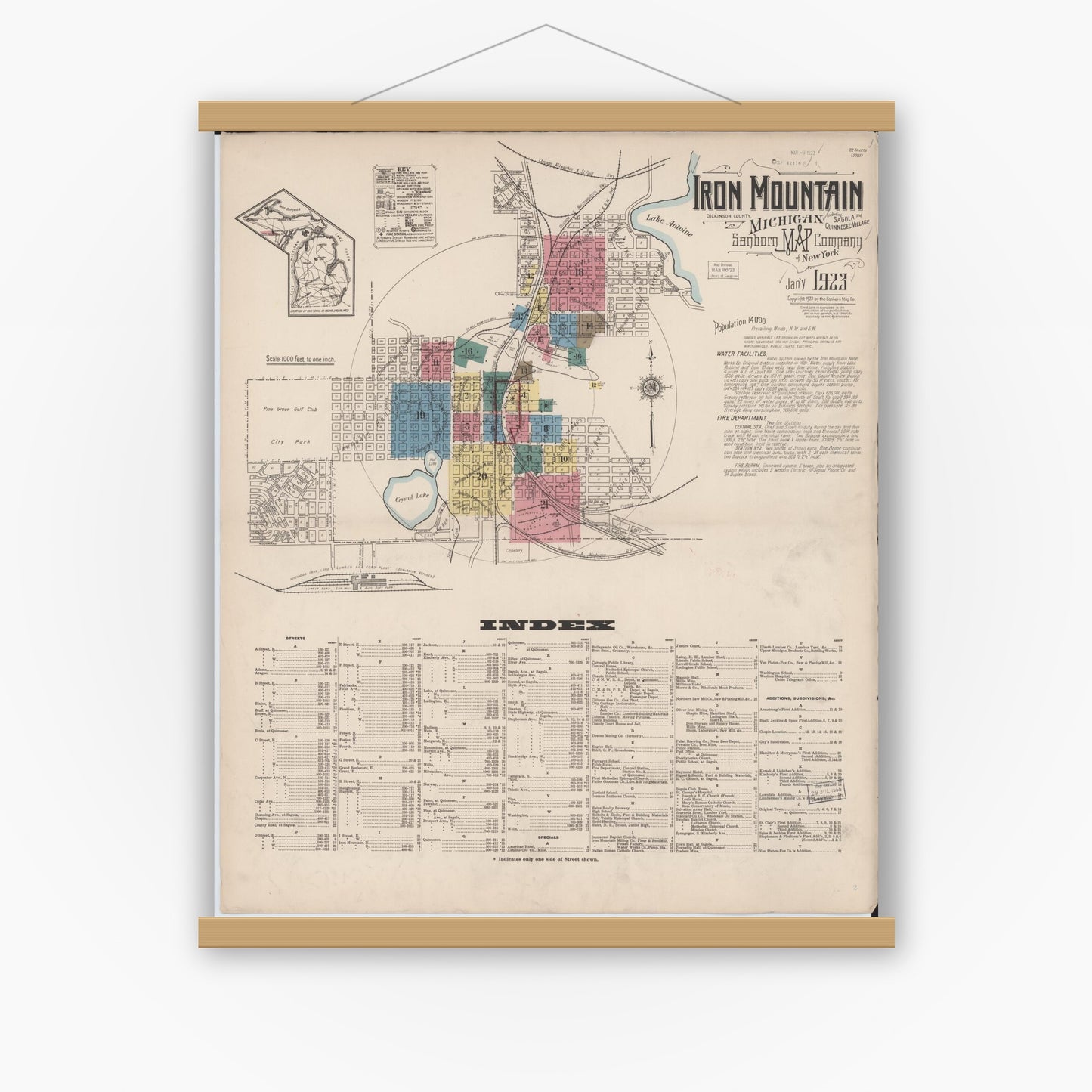Old map wall art mockup — magnetic wood frame on white wall — Sanborn Fire Insurance Map from Iron Mountain, Dickinson County, Michigan (1923), Sheet #0001