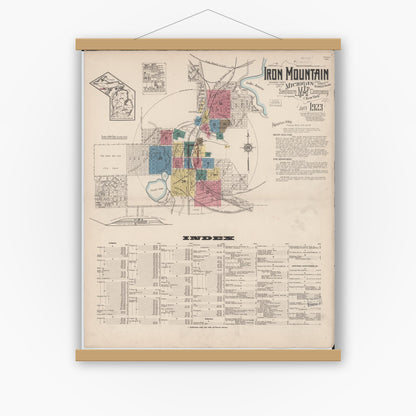 Old map wall art mockup — magnetic wood frame on white wall — Sanborn Fire Insurance Map from Iron Mountain, Dickinson County, Michigan (1923), Sheet #0001